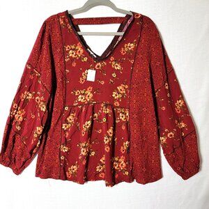 Maurices Tunic Top Womens XL V Neck Long sleeve Burgundy Floral Spring Wear NWT